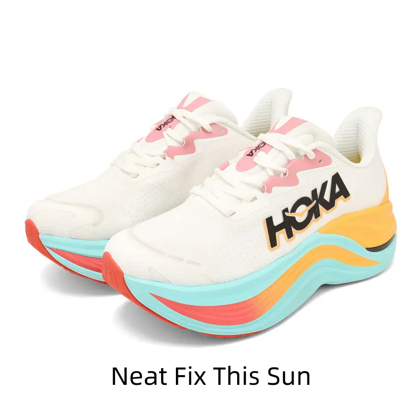 Off White Breathable Mesh Running Shoes, Cyan Orange Red Gradient Wave Midsole Ultra Thick Cushion Shock Absorbing Non Slip Rubber Outsole Pink Lace Up Collar Athletic Sneakers For Men Women