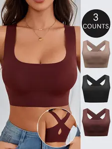Women's Solid Criss Cross Backless Bralette, Casual Comfortable Breathable Wireless Medium Basic Bra, Lingerie for All Seasons