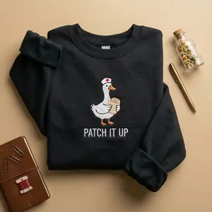 [MADE IN US] Embroidered Nurse Goose Hoodie, Patch It Up Medical Sweatshirt, Personalized Nurse Gift, Funny Animal Healthcare Crewneck