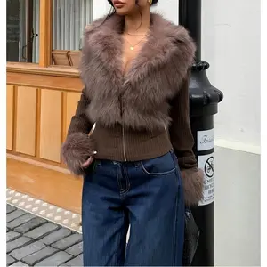 Fashion Street Style Patchwork Knitted Faux Fur Jacket, Zipper Long Sleeve Coat, Thick Fabric for Spring, Autumn, Winter, Casual Wear