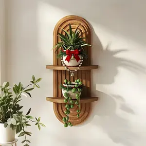 2pcs Dual-Layer Wooden Floating Shelves, Bohemian Style Multi-Functional Wall Storage Rack, Wall Mounted Organizer, Ideal for Bathroom Bedroom Kitchen Living Room Laundry