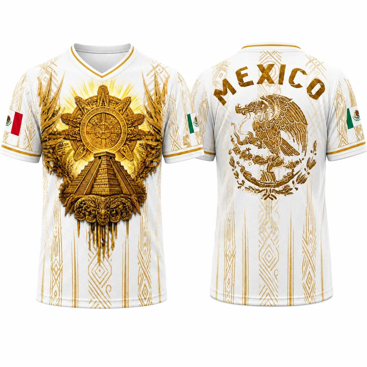 Mexico 2026 Aztec Jersey Shirts - White Sports Style Jersey with Gold Pyramid, Eagle Design, Button Detail, Vintage-Inspired Men's Short-Sleeve Casual Sporty Top Football Fan Tee