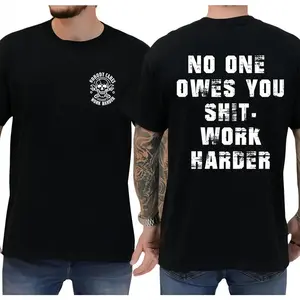 No One Owes You Shit Work Harder Cotton T-Shirt, Skull Graphic Tee, Motivational Gym Casual Shirt for Men, Fitness Lovers