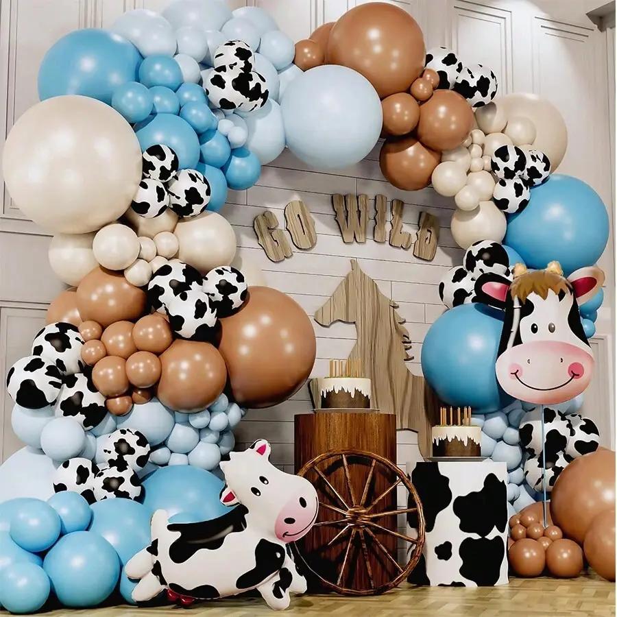 Western Cowboy Cowgirl PVC Balloon Arch Garland Kit - Printed Cow, Slate Blue, Nude & Brown Latex/Foil Decor for Animal Theme Birthday Party, Baby Shower Supplies, Wall Art, Animals