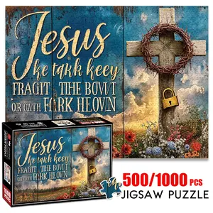 1pc 1000 piece adult puzzle 70x50cm Jesus Quote Wooden - style Wall Art with Cross, Wreath and Lock 500 pieces of paper jigsaw puzzle, suitable for adults and families, large-scale DIY puzzle i