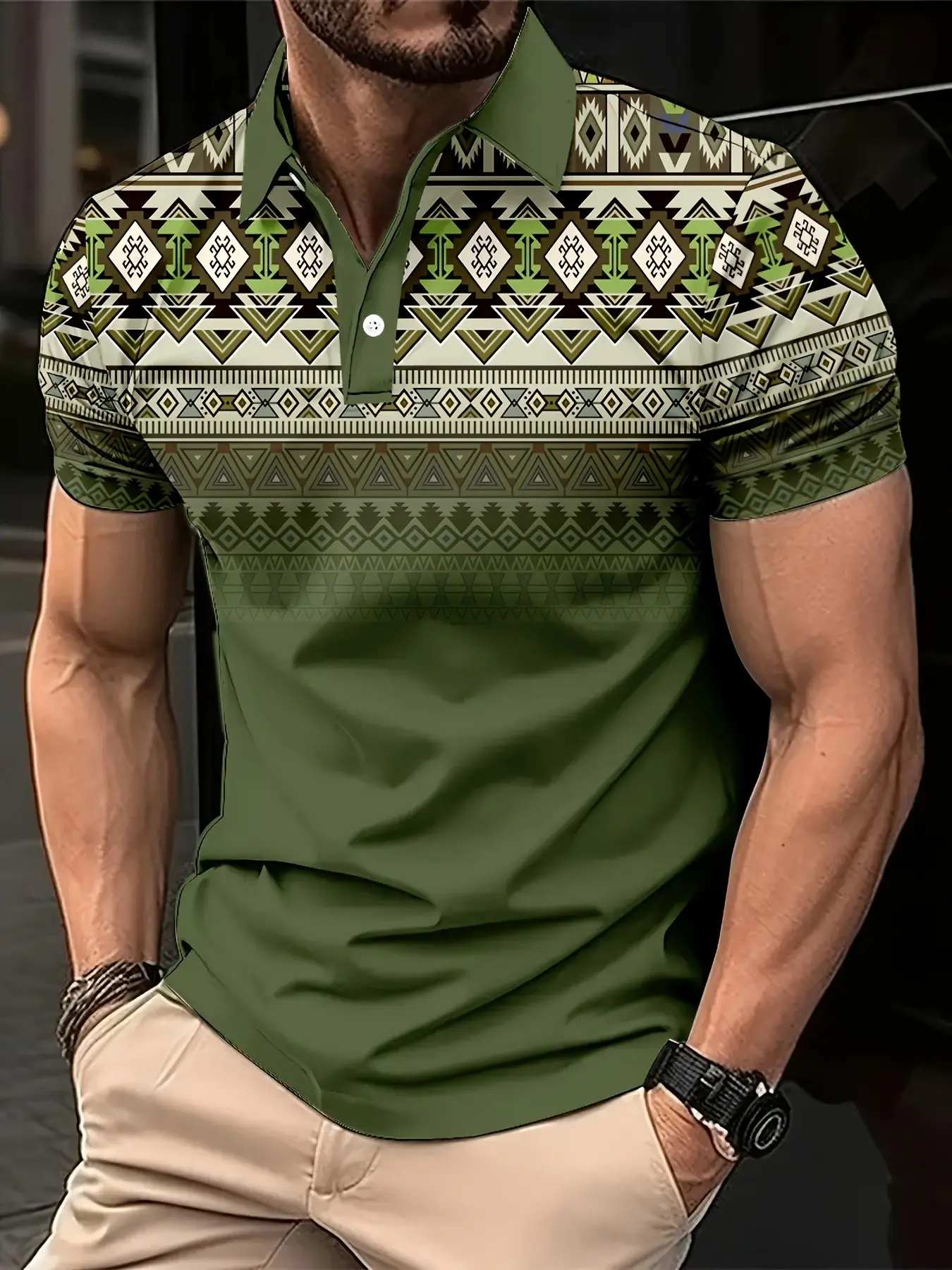 Men's summer short-sleeved Polo golf shirt - Geometric retro print, breathable and fitted style, Casual Sporty Style, machine washable, button-up casual shirt, retro design, comfortable fabric, Casual Sports Tops, Casual Sportswear