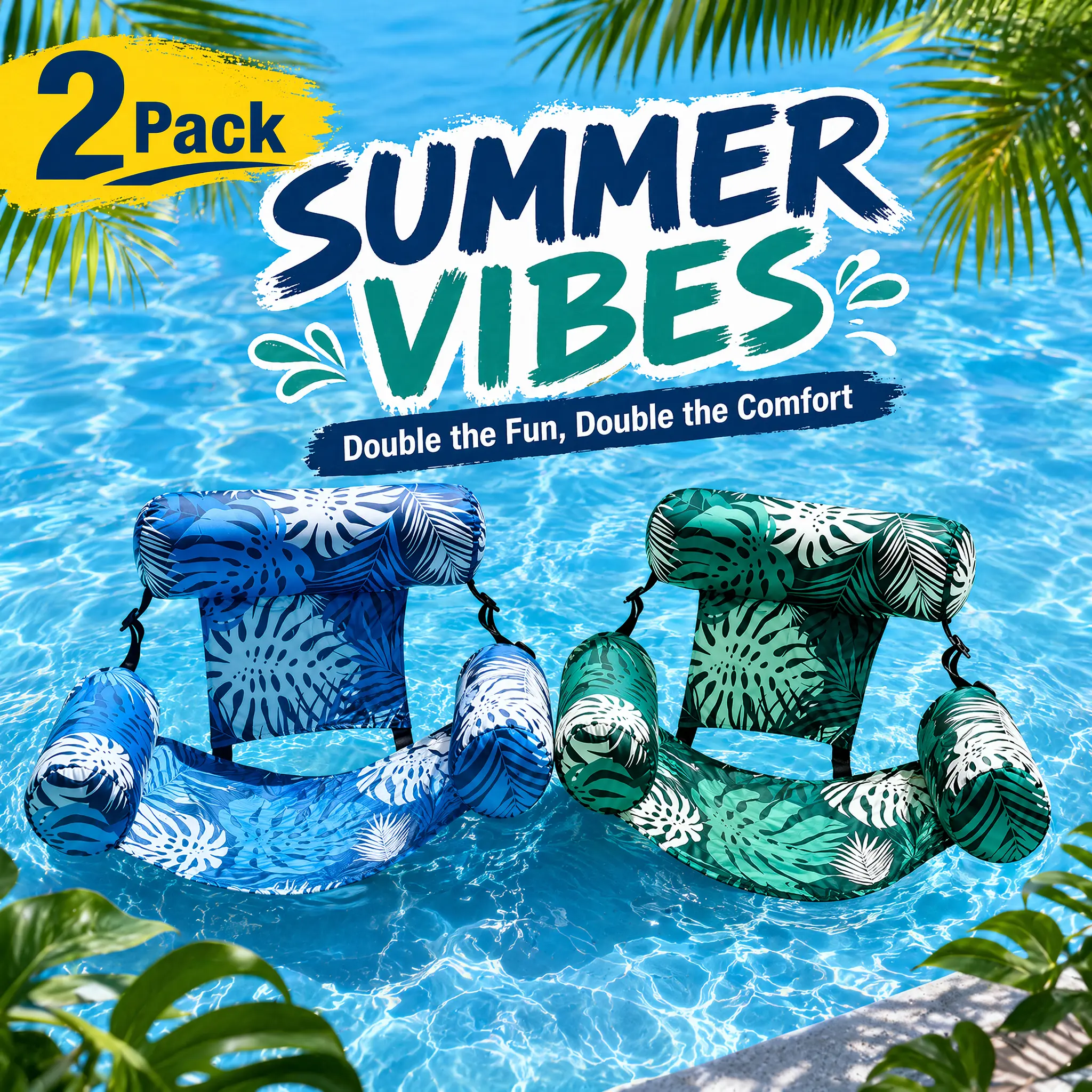 Inflatable Water Hammock Pool Float for Adults, 2 Pack Floating Lounge Chair with Mesh Style Seat and Backrest Support, Blow Up Swimming Pool Chair for Summer Beach Lake Trips, Pool Party Relaxation Accessories and Outdoor Water Fun