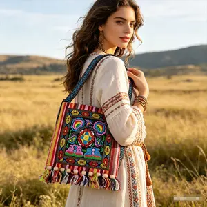 Bohemian Ethnic Style Crossbody Bag, Handwoven Embroidery Shoulder Bag with Tassels & Wooden Beads, Vintage Folk Floral Pattern Messenger Bag, Casual Lightweight Sling Purse for Travel & Daily Use