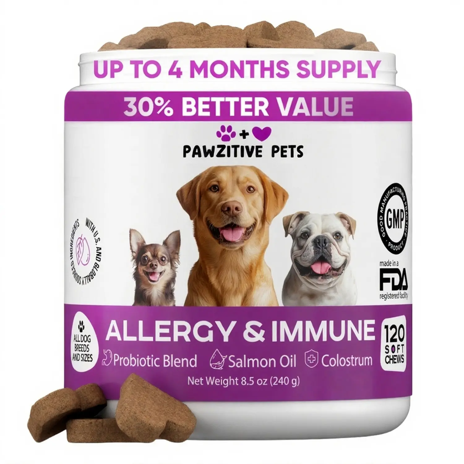Allergy Dog Supplements Skin & Coat Health Chews | Immune Support Soft Chews for Dogs 120 Count