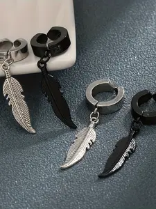 Men's Feather Pendant Earrings Clip-On, No Piercing High-End Style, Trendy Punk Look, Fake Ear Bone Clips, Pair, High Quality Earrings