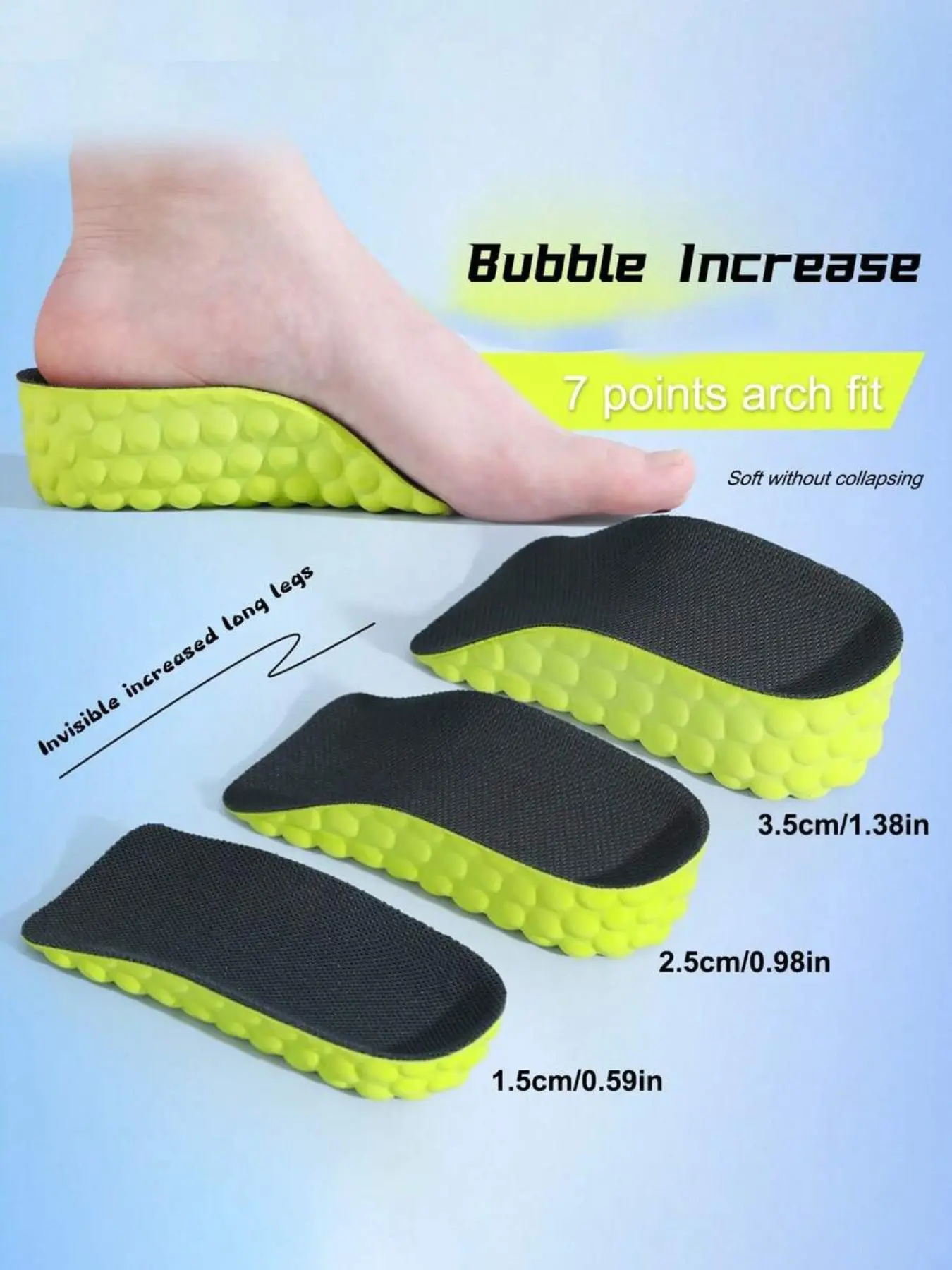 Unisex Height Increase Insoles, Invisible Elevator Heel Lifts with Arch Support, Cushioned Eva Insole, Breathable Comfort Shoe Inserts, 3 Height Options (1.5cm / 2.5cm / 3.5cm)