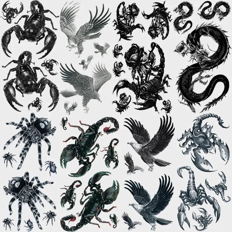 8 Pack Mechanical Lizard Eagle Spider Dragon Temporary Tattoo Stickers, Waterproof Body Art Half Sleeve Fake Tattoos for Parties & Events