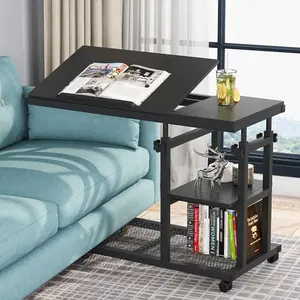 Height Adjustable C Table with Wheels, Mobile Couch Snack Side Table with Tiltable Drawing Board, Sofa Bedside Laptop Stand C Shaped TV Tray with Storage Shelves