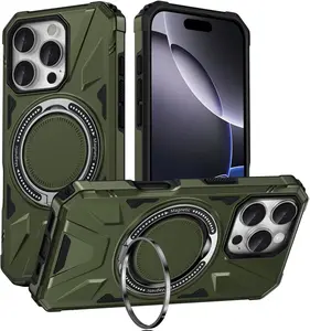 iPhone 16 Pro Max Case with 360° Spin Magnetic Stand Ring Holder, Fit for Mag-Safe, 16FT Mil-Grade Shockproof Dropproof Tough Rugged Protective Case Cover for iPhone 16 Pro Max (6.9 inch), Green Protection Aluminium