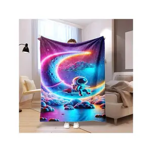 1pc Astronaut Space Adventure Bedspread - Contemporary Style, Digital Print, All-Season Knitted Polyester, 200-250gsm, For Bedroom, Sofa, Travel - Blue & Purple With Stars, Planets, Clouds-30*40in