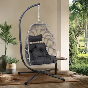 Double Hanging Egg Chair with Cushion,700lbs Capacity - Foldable Patio Chair with Handwoven PEWicker & Rust-Proof Frame, for Garden, Porch, BackyardSoft Lounge Swing