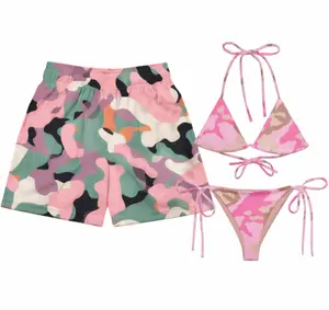 Trendy Couples Matching Swimwear – Pink Camo Bikini Set & Men’s Mesh Shorts | Perfect for Beach Vacation, Honeymoon & Summer Pool Party Outfit | Gift for her & men.
