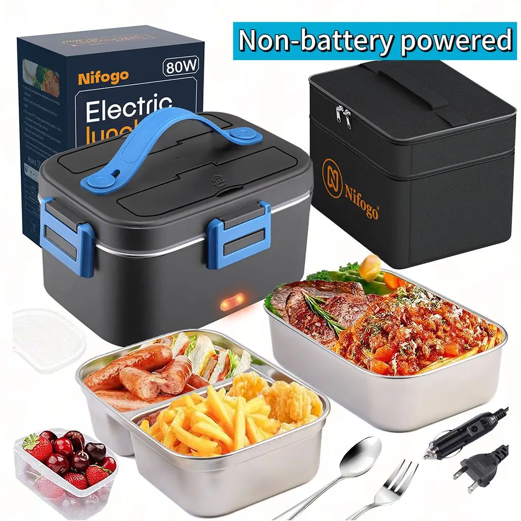 Portable Electric Lunch Box by Nifogo, Multi Size 1.5L to 3.5L Food Warmer, 110V/12V/24V Dual Use Design with Leak-Proof Lid, Detachable Divider & Full Tableware Set