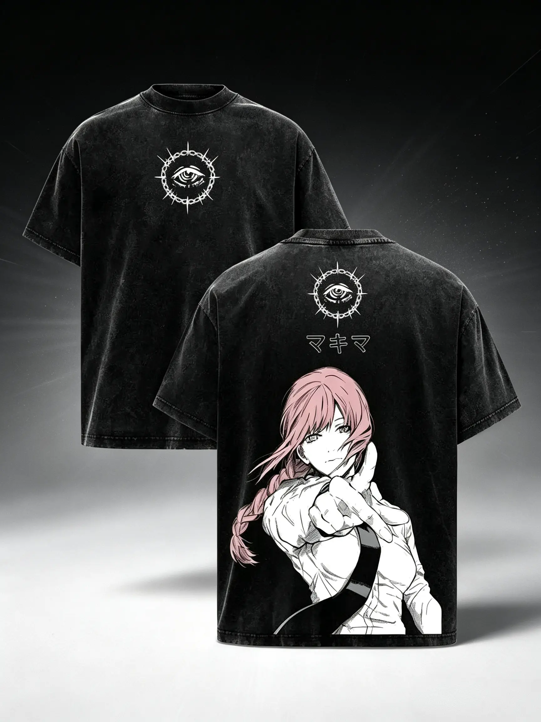 Men's Retro Acid Washed Black Chainsaw Man Makima Control Devil Double-Sided Graphic Cotton T-Shirt, Loose Oversized Short Sleeve, Casual Streetwear Grunge Outfit, Great Gift for Manga Lovers