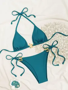 Two-Piece Set Women's Metal Decor Bikini Set, Casual Halter Neck Triangle Swim Bra & Bikini Swim Top & Tie Side Swim Panty, Bikini Swimsuit Set, Fashion Chic Swimwear Set, Fashion Beachwear Swimwear for Beach Holiday Vacation