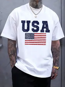 100% Cotton USA Flag Print Crew Neck T-Shirt, Men's Women's Shirt Top, Short Sleeve Tops Crewneck Tshirt