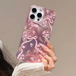pink bow & flower Phone Case for use with iphone 17 air 16 pro max 15 plus 14 pro 13/12/11 X/XS XSMAX  aesthetic ditsy floral girlish/girly phone cases holographic luxury phone case Y2K latest viral aesthetic