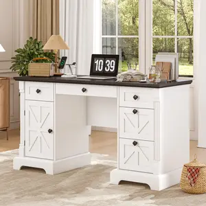 55" Office Desk with Drawers, Farmhouse Executive Desk with Charging Station, Hidden Cabinet, File Cabinet Storage, Wood Computer Desk with 5 Drawers for Work Study Writing, White