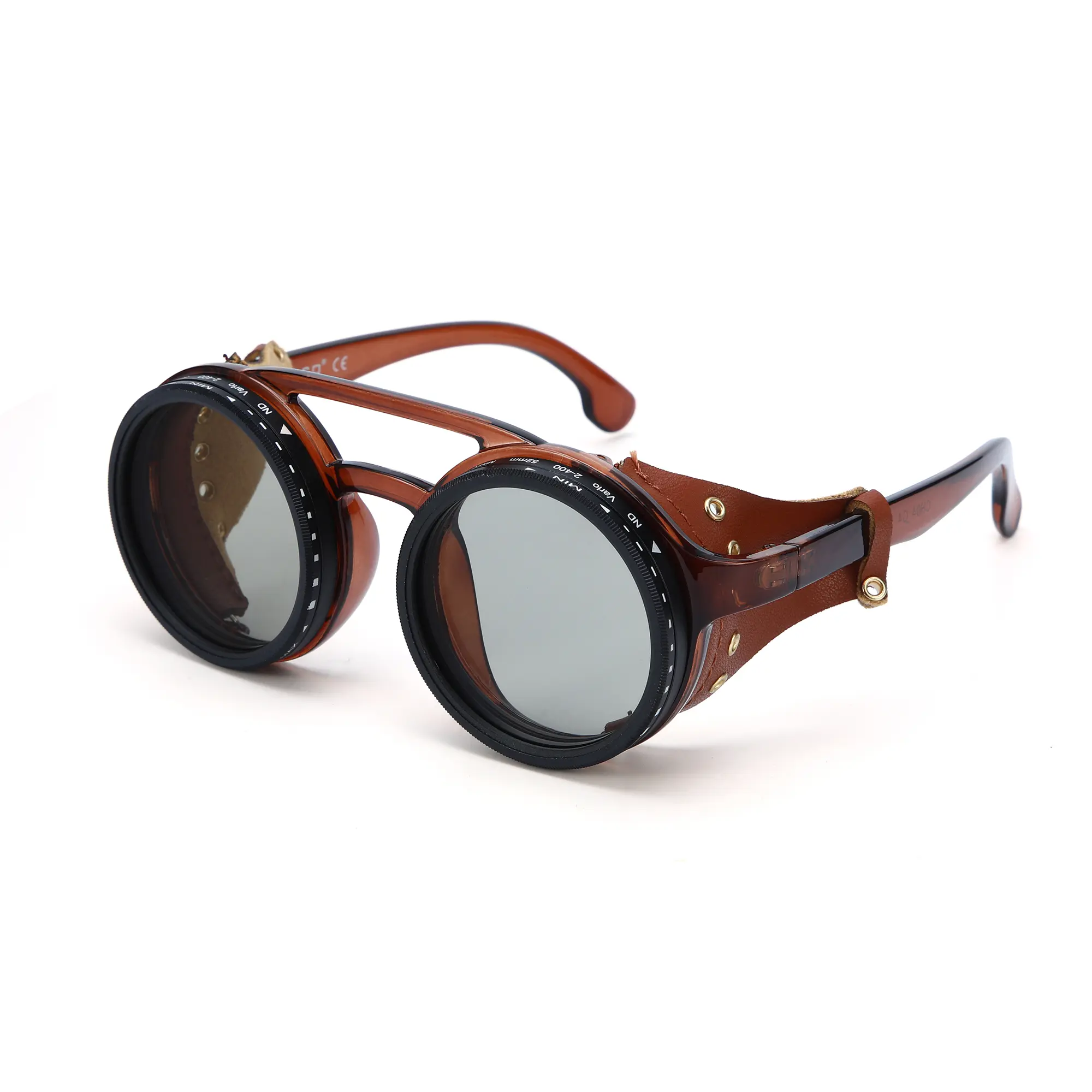 OUANGANC Adjustable Tint Sunglasses,Polarized Retro Round Steampunk 1-9 Gears ND Filter Lenses Sunglasses with leather side shields , All Season Beach Shady Fishing Driving Skiing