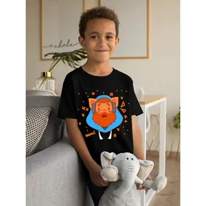 Kids' Regular Cotton Print Short-Sleeve Round Neck T-Shirt - Soft, Breathable Top with Cute Kitty "Caseoh" Lettering & Kitten Graphic, Machine-Washable for Birthday Parties, Everyday Playwear