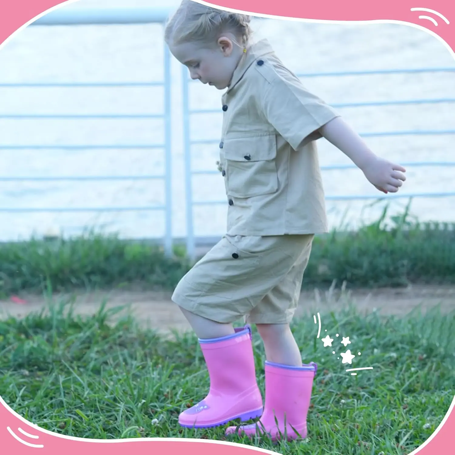 Toddler Rainproof Rain Boots - Playful Pink Cat Design, Protective Cuff, Non-Slip Sole, Ideal for Garden Puddles & Outdoor Play