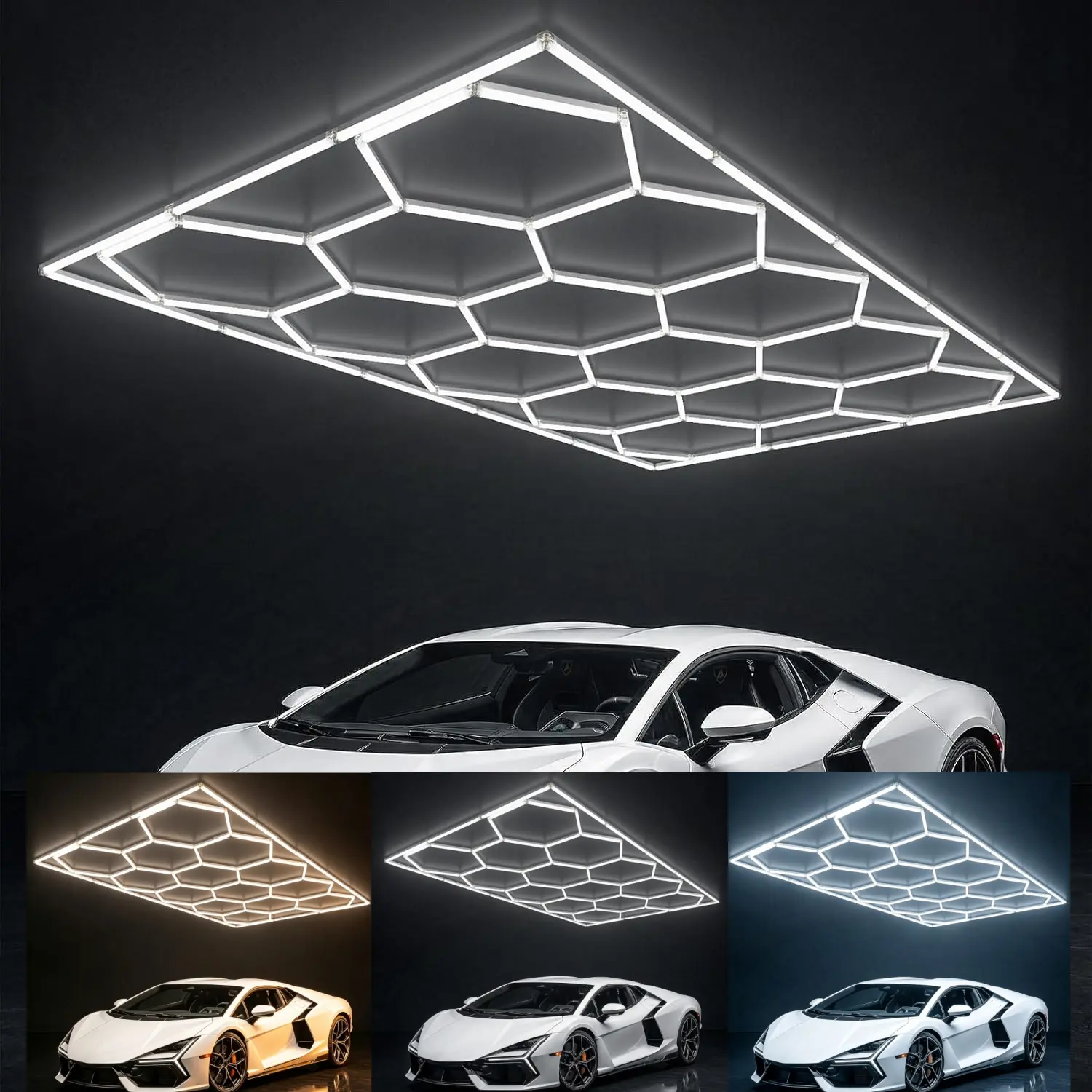 Hexagon Garage Lights with Rectangle Frame High Brightness 600W 72000LM 3CCT 4000K 5000K 6000K 14 Hex Grid for Garage Shop Basement Car Detailing Shop