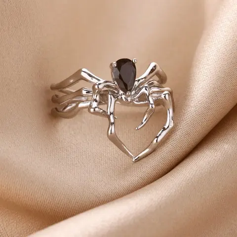 Punk Style Spider Open Ring for Women & Girls, Artificial Gemstone Gothic Jewelry, Halloween Accessory, Trendy Ring, Unique Rings, Dark Aesthetic Rings, Zircon Embellished Rings, Cubic Zirconia Rings