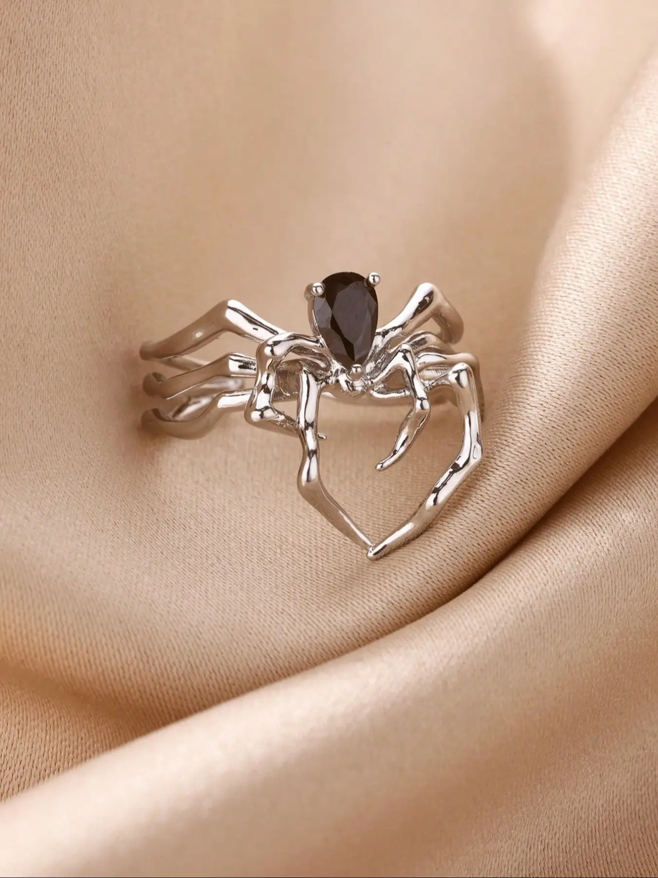Punk Style Spider Open Ring for Women & Girls, Artificial Gemstone Gothic Jewelry, Fashion Statement Halloween Accessory, Fashionable Punk Accessories