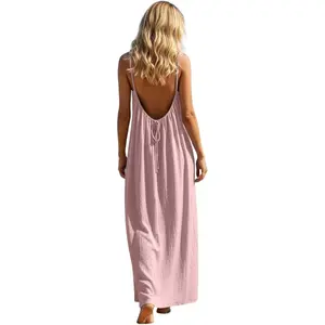 Backless Cami Dress for Women 2026 Summer Sleeveless Spaghetti Strap Flowy Beach Vacation Long Sundress with Back Tie