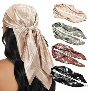Women's 4PCS 35 Inch Silk-Like Satin Square Shawl Wrap, Boho Satin Lined Turban, Multi-use Head & Neck Cover for Sleeping, Sports and Outdoor Fashion Accessories