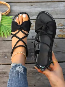 Sweet Bohemian Women's Flat Sandals - Bow Accent, Crisscross Fabric Straps, Open Toe, Trendy Summer Footwear, Summer Style Sandals, Casual Flat Sandals, Rubber (2 Colors)