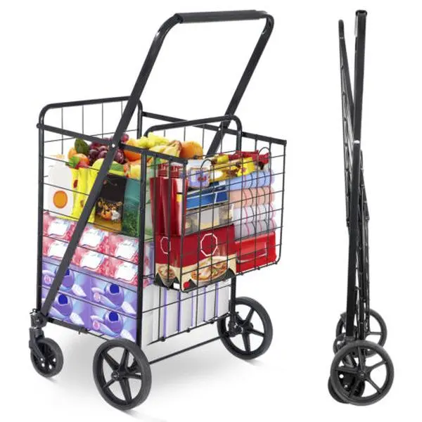 JupiterForce Foldable Shopping Trolley - Foldable Grocery Cart, Wheeled Organizer Cart with Double Baskets, 360 Swivel Wheels, 100lbs Max Capacity, Multi-Function Indoor Collapsible Home Storage Rack