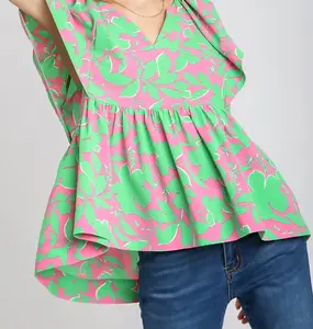 UMGEE PINK/GREEN SLIT V-NECK BABY DOLL FLARE S/S TOP