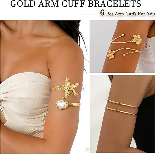 6PCS Gold Arm Cuff Bracelets for Women, Boho Statement Gold Upper Arm Bangle Band Armlet, Open Adjustable Cuff Bracelet set Stackable Jewelry