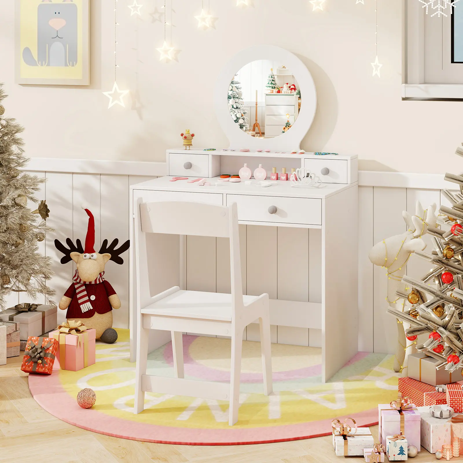 COSTWAY - Kids Vanity Set with Mirror Princess Makeup Dressing Desk and Chair Set with Mirror-White