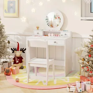 COSTWAY - Kids Vanity Set with Mirror Princess Makeup Dressing Desk and Chair Set with Mirror-White