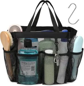 F-color Mesh Shower Caddy Portable, Upgrade Deeper 7 Pockets Shower Bag Basket Tote for College Dorm Room Toiletry Bathroom Essentials Gym Camp Quick Dry 2 handles with S Hook, Black