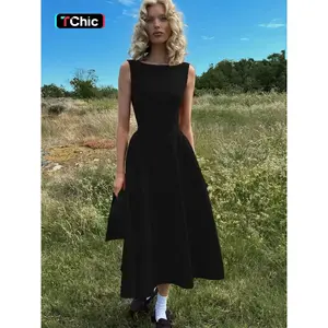 Women's Plain Backless Boat Neck A Line Dress, Elegant Sleeveless Zipper Back Long Dress for Party Holiday Wedding Guest, Ladies Summer Clothes