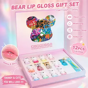 Limited holiday 12-piece bear lip glaze set, high-hydration lip milk with non-drying and non-stick formula. Bonus bear necklace and luxury gift box. Fashion Christmas gift set for family, friends and girlfriends. Glossy