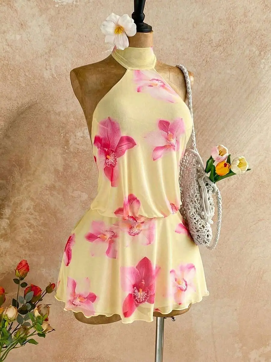 HERMIA Women's Floral Print Fashion Halter Neck Mini Dress For Vacation Beach Vacation Floral Pink Summer Tropical