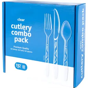 192 Count Clear Disposable Cutlery Set Premium Heavy Duty Plastic Utensils Combo Pack with Forks, Spoons & Knives, Strong Durable Party Tableware for Events, Catering, BBQ & Everyday Use, Bulk Value Pack