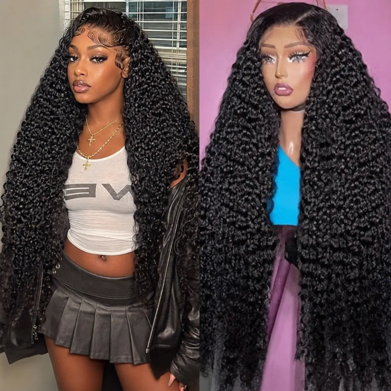 13x4 HD Lace Front Deep Wave Human Hair Wig, Pre-Plucked Transparent Lace, Natural Hairline, Soft Full Deep Curly Wig, Tangle-Free, Minimal Shedding, Easy to Style