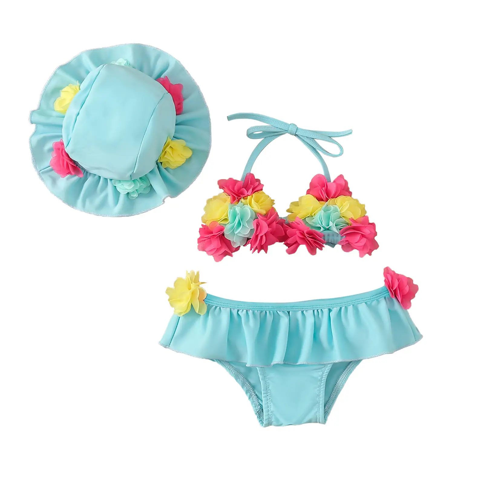 Infant Baby Girl Flower Swimsuit 3Pcs Halter Triangle Tops Ruffle Bottoms Sun Hat Bikini Set Bathing Suit Swimwear