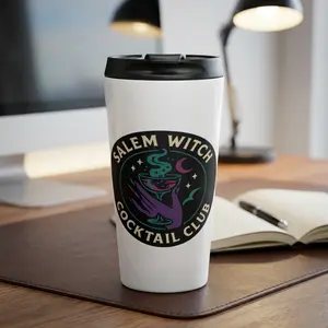 Salem Witch Cocktail Club 15oz Portable Retro Stainless Steel Tumbler - BPA-Free Double-Layer Flip-Lock Travel Mug with Witchy Cocktail Logo and Lid, Bpa Free Mugs, Double Layer Mugs