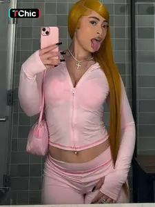 Women's Plain/Leopard Print Zipper Crop Top Hoodie & Pants Two-Piece Set, Casual Long Sleeve Top & Trousers for Spring & Fall, Women's Clothes for Daily Wear